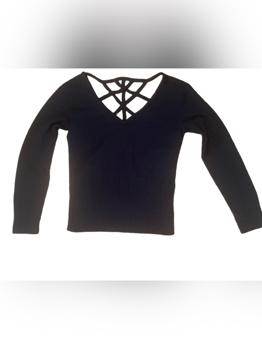 VENUS Black Long Sleeve Lattice V-Neck Sweater with Pearl Details - Size S